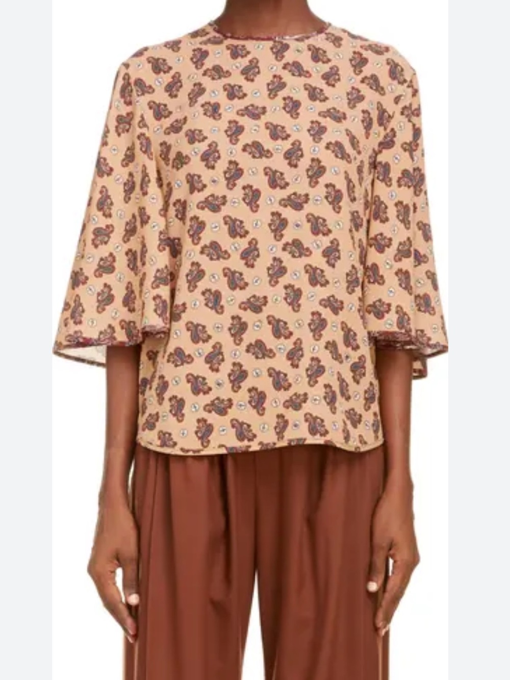 Chloé Beige Paisley Print Blouse Flowy Sleeve Lightweight Top Back Zip Size 36